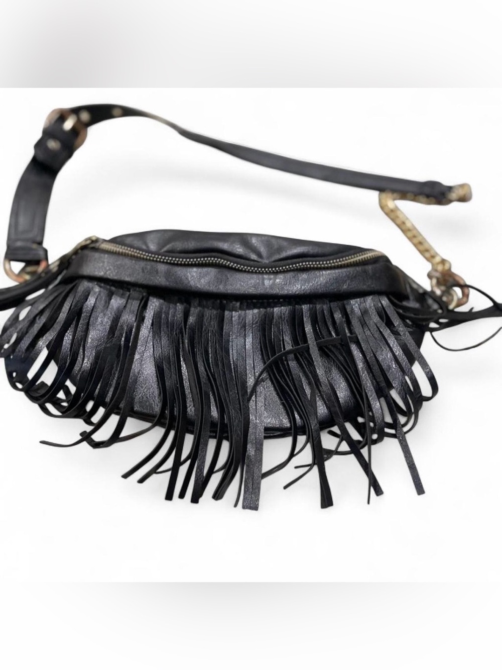 Fringe Leather Crossbody Belt Bag - Black